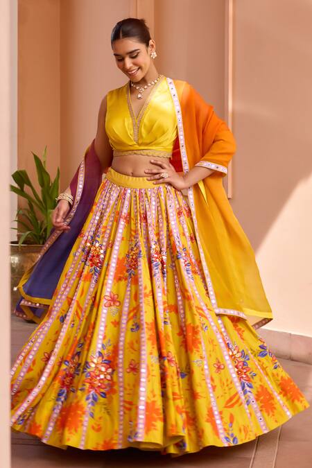 Buy ISHA GUPTA TAYAL Yellow Satin, Organza, Silk Embroidery, Khushrang Floral Print Lehenga Set Online at Aza Fashions Buy_ISHA GUPTA TAYAL_Yellow Satin, Organza, Silk Embroidery, Khushrang Floral Print Lehenga Set _Online_at_Aza_Fashions