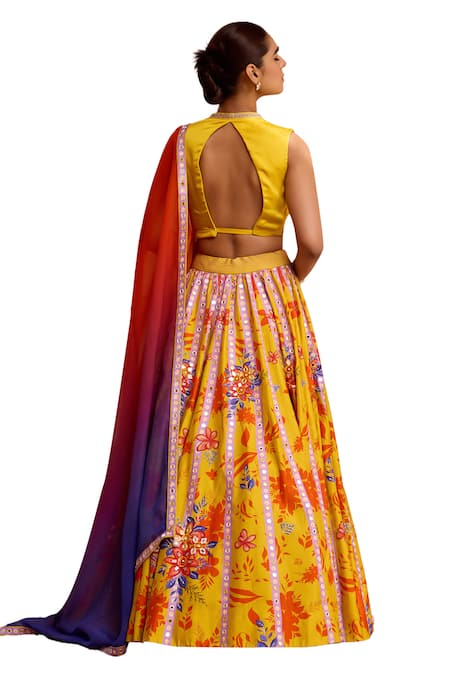 Shop ISHA GUPTA TAYAL Yellow Satin, Organza, Silk Embroidery, Khushrang Floral Print Lehenga Set Shop_ISHA GUPTA TAYAL_Yellow Satin, Organza, Silk Embroidery, Khushrang Floral Print Lehenga Set