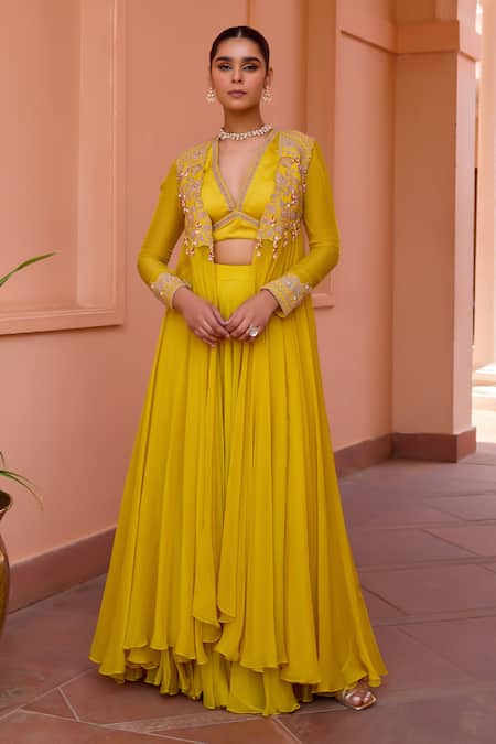 Isha Gupta Tayal Yellow Top Satin Embroidered Tilla V Neck Mastani Cape Sharara Set 