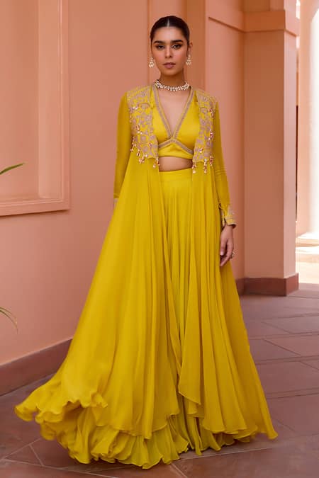 ISHA GUPTA TAYAL Yellow Satin, Organza Gota Patti, Pearls, Mastani Embroidered Cape Sharara Set Online at Aza Fashions ISHA GUPTA TAYAL_Yellow Satin, Organza Gota Patti, Pearls, Mastani Embroidered Cape Sharara Set _Online_at_Aza_Fashions