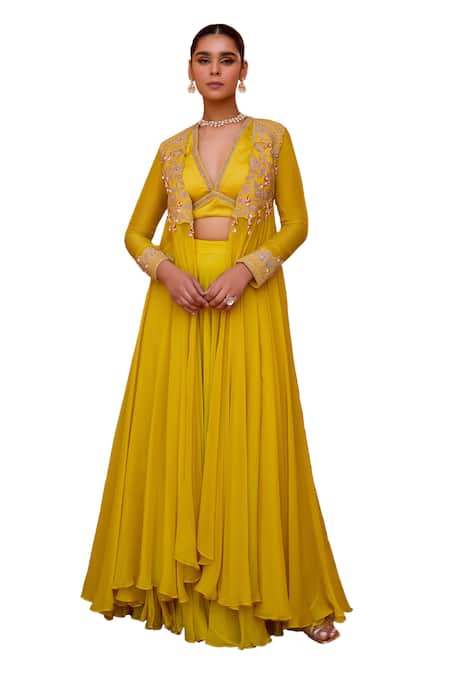 Shop ISHA GUPTA TAYAL Yellow Satin, Organza Gota Patti, Pearls, Mastani Embroidered Cape Sharara Set Online at Aza Fashions Shop_ISHA GUPTA TAYAL_Yellow Satin, Organza Gota Patti, Pearls, Mastani Embroidered Cape Sharara Set _Online_at_Aza_Fashions