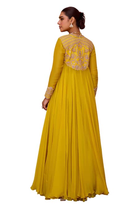 Buy ISHA GUPTA TAYAL Yellow Satin, Organza Gota Patti, Pearls, Mastani Embroidered Cape Sharara Set Buy_ISHA GUPTA TAYAL_Yellow Satin, Organza Gota Patti, Pearls, Mastani Embroidered Cape Sharara Set