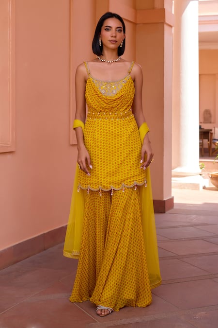 Isha Gupta Tayal Yellow Kurta And Sharara Georgette Printed Bandhani Round Inayat Set 