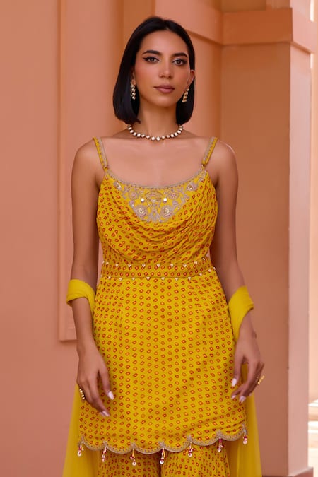 ISHA GUPTA TAYAL_Yellow Georgette, Net, Satin Sequins, Inayat Bandhani Print Kurta Sharara Set _Online_at_Aza_Fashions