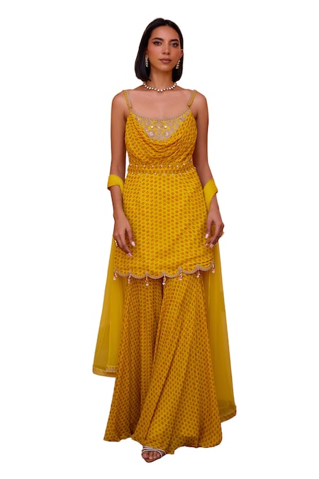 Buy_ISHA GUPTA TAYAL_Yellow Georgette, Net, Satin Sequins, Inayat Bandhani Print Kurta Sharara Set _Online_at_Aza_Fashions