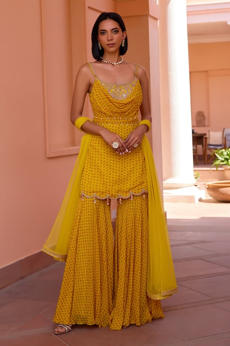 Shop_ISHA GUPTA TAYAL_Yellow Georgette, Net, Satin Sequins, Inayat Bandhani Print Kurta Sharara Set _Online_at_Aza_Fashions