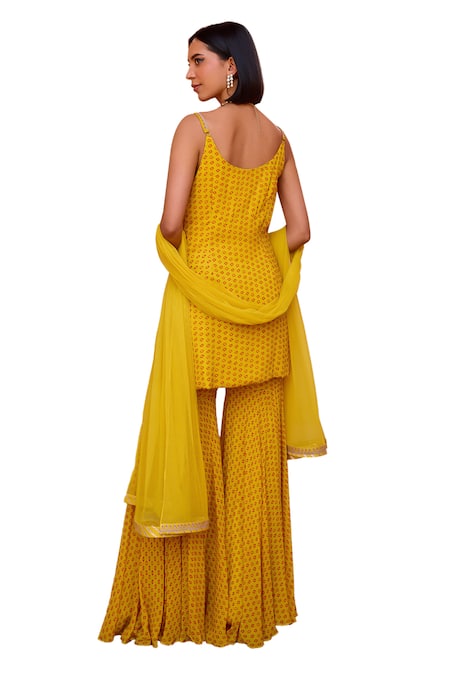 Buy_ISHA GUPTA TAYAL_Yellow Georgette, Net, Satin Sequins, Inayat Bandhani Print Kurta Sharara Set 