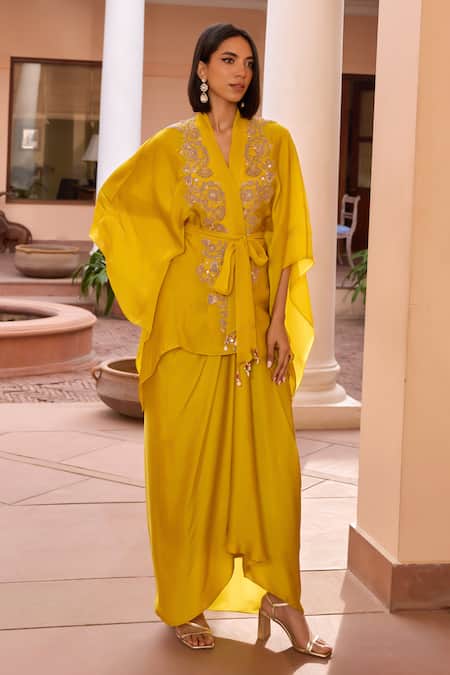 Isha Gupta Tayal Yellow Top Satin Organza Embroidered Tilla Aashna Kimono Skirt Set 