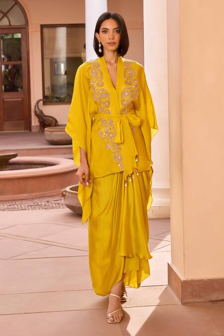 ISHA GUPTA TAYAL Yellow Satin, Organza, Crepe Beads, Sequins, Aashna Kimono Top Skirt Set Online at Aza Fashions ISHA GUPTA TAYAL_Yellow Satin, Organza, Crepe Beads, Sequins, Aashna Kimono Top Skirt Set _Online_at_Aza_Fashions