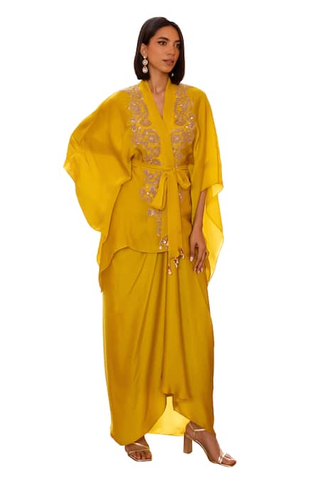 Shop ISHA GUPTA TAYAL Yellow Satin, Organza, Crepe Beads, Sequins, Aashna Kimono Top Skirt Set Online at Aza Fashions Shop_ISHA GUPTA TAYAL_Yellow Satin, Organza, Crepe Beads, Sequins, Aashna Kimono Top Skirt Set _Online_at_Aza_Fashions