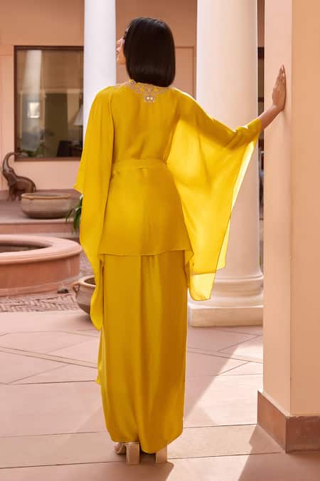 Buy_ISHA GUPTA TAYAL_Yellow Satin, Organza, Crepe Beads, Sequins, Aashna Kimono Top Skirt Set 