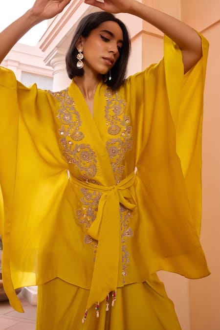 Shop ISHA GUPTA TAYAL Yellow Organza, Satin Beads, Sequins Aashna Embroidered Kimono Top With Bustier Online at Aza Fashions Shop_ISHA GUPTA TAYAL_Yellow Organza, Satin Beads, Sequins Aashna Embroidered Kimono Top With Bustier _Online_at_Aza_Fashions