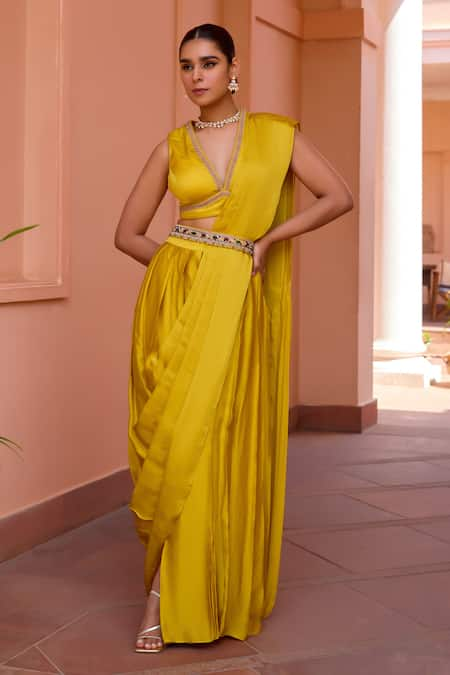 Isha Gupta Tayal Yellow Saree And Top Satin Embroidered Chandni Pre-draped With Blouse 