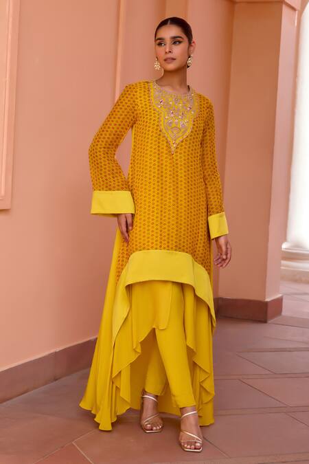 ISHA GUPTA TAYAL_Yellow Organza, Crepe, Net Gota Patti Gulbaag Bandhani Print Kurta Pant Set _Online_at_Aza_Fashions