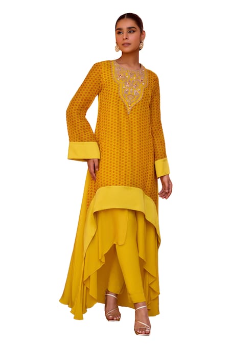 Shop_ISHA GUPTA TAYAL_Yellow Organza, Crepe, Net Gota Patti Gulbaag Bandhani Print Kurta Pant Set _Online_at_Aza_Fashions