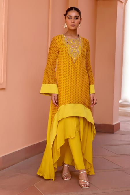 ISHA GUPTA TAYAL_Yellow Organza, Crepe, Net Gota Patti Gulbaag Bandhani Print Kurta Pant Set _at_Aza_Fashions