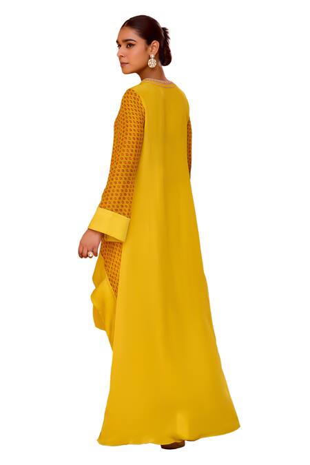 Shop_ISHA GUPTA TAYAL_Yellow Organza, Crepe, Net Gota Patti Gulbaag Bandhani Print Kurta Pant Set 