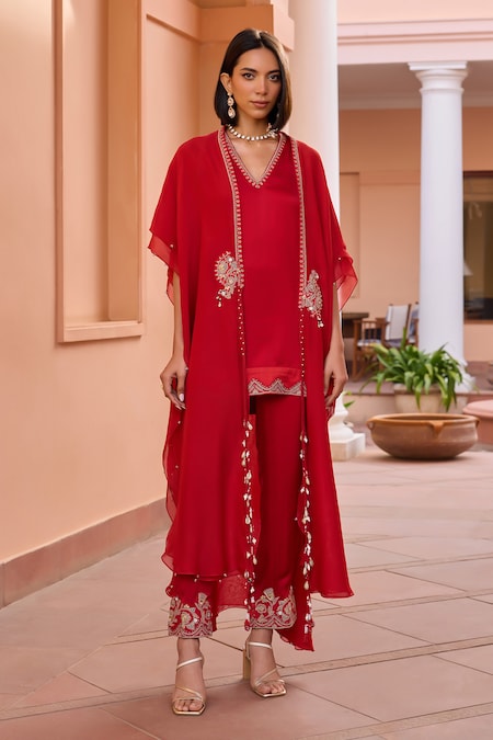 Isha Gupta Tayal Red Kurta And Pant Linen Satin Embroidered Shalene Cape With Set 