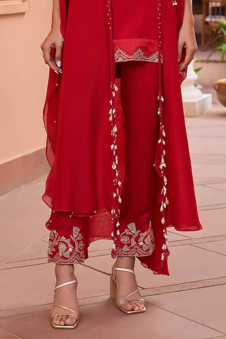 ISHA GUPTA TAYAL_Red Linen, Organza, Satin Diamonds, Beads, Tassels, Shalene Cape With Kurta Set _Online_at_Aza_Fashions