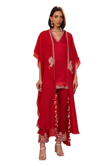 Buy_ISHA GUPTA TAYAL_Red Linen, Organza, Satin Diamonds, Beads, Tassels, Shalene Cape With Kurta Set _Online_at_Aza_Fashions