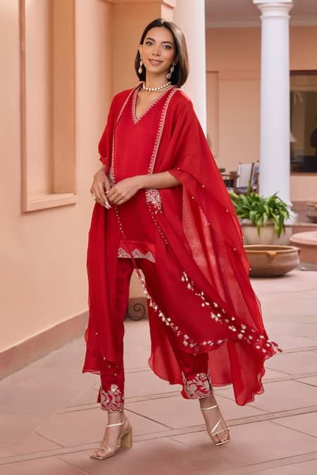 Shop_ISHA GUPTA TAYAL_Red Linen, Organza, Satin Diamonds, Beads, Tassels, Shalene Cape With Kurta Set _Online_at_Aza_Fashions
