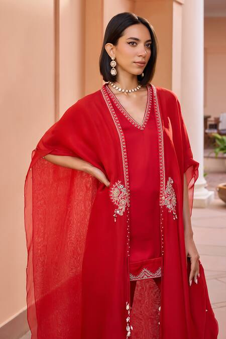 ISHA GUPTA TAYAL_Red Linen, Organza, Satin Diamonds, Beads, Tassels, Shalene Cape With Kurta Set _at_Aza_Fashions