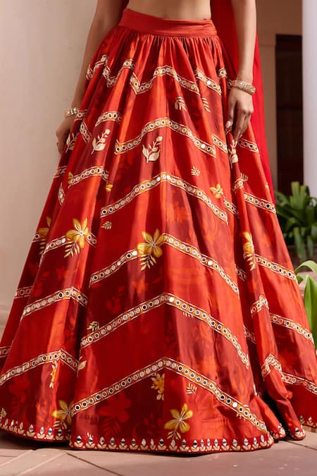 Shop ISHA GUPTA TAYAL Red Satin, Organza, Silk Embroidery, Mirrors Shringar Floral Print Lehenga Set Online at Aza Fashions Shop_ISHA GUPTA TAYAL_Red Satin, Organza, Silk Embroidery, Mirrors Shringar Floral Print Lehenga Set _Online_at_Aza_Fashions