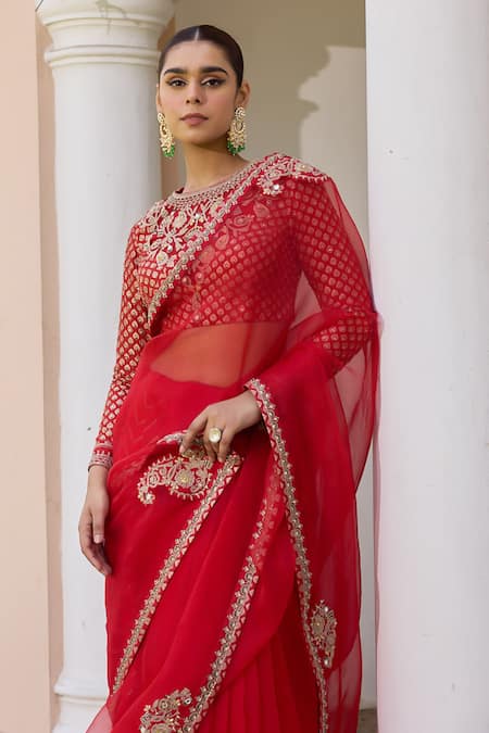 ISHA GUPTA TAYAL_Red Organza, Chanderi, Net Embroidery Round Neck Apsara Border Saree Set _Online_at_Aza_Fashions