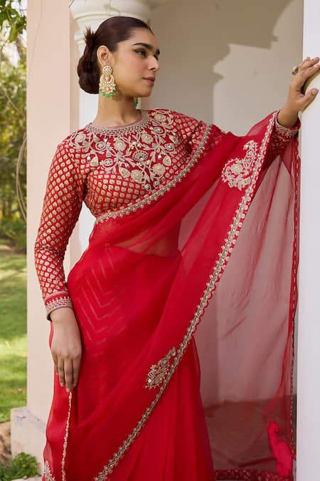 Buy_ISHA GUPTA TAYAL_Red Organza, Chanderi, Net Embroidery Round Neck Apsara Border Saree Set _Online_at_Aza_Fashions