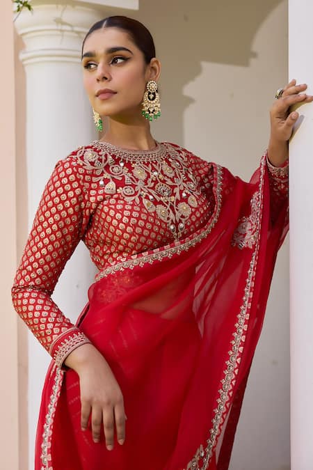 Shop_ISHA GUPTA TAYAL_Red Organza, Chanderi, Net Embroidery Round Neck Apsara Border Saree Set _Online_at_Aza_Fashions