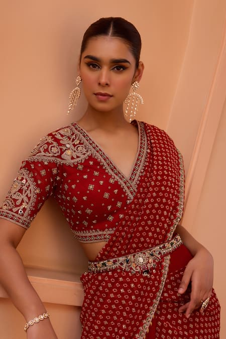 Buy_ISHA GUPTA TAYAL_Red Satin, Georgette, Silk, Net Gota Tara Bandhani Print Pre-draped Saree Set _Online_at_Aza_Fashions