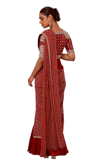 ISHA GUPTA TAYAL_Red Satin, Georgette, Silk, Net Gota Tara Bandhani Print Pre-draped Saree Set _at_Aza_Fashions