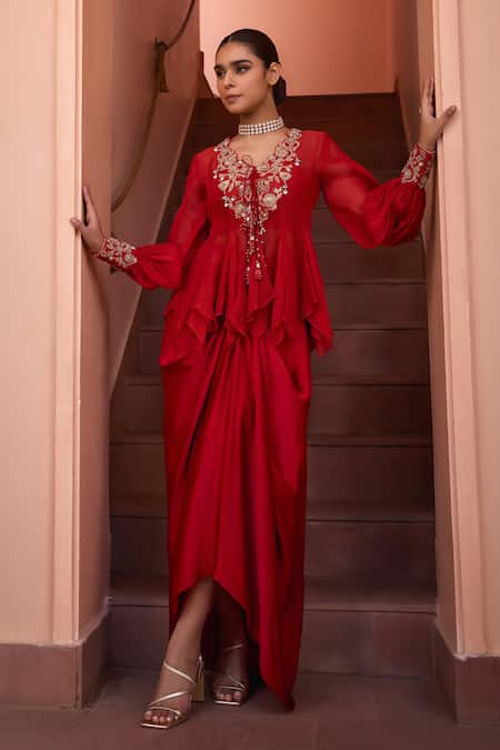 ISHA GUPTA TAYAL_Red Organza, Satin, Crepe Embroidery V-neck Shabnami Top Skirt Set _Online_at_Aza_Fashions
