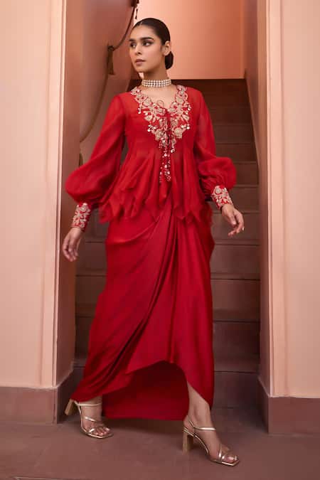 Shop_ISHA GUPTA TAYAL_Red Organza, Satin, Crepe Embroidery V-neck Shabnami Top Skirt Set _Online_at_Aza_Fashions