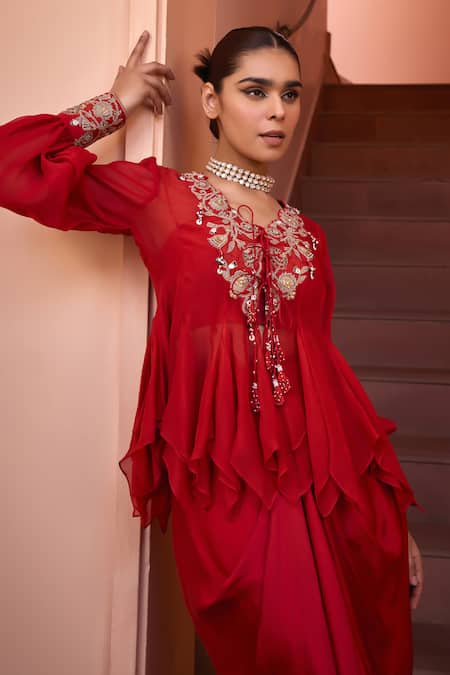 ISHA GUPTA TAYAL_Red Organza, Satin, Crepe Embroidery V-neck Shabnami Top Skirt Set _at_Aza_Fashions