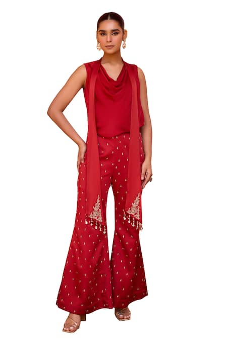 Buy_ISHA GUPTA TAYAL_Red Satin, Crepe Embroidery Cowl Neck Gulab Draped Top And Pant Set _Online_at_Aza_Fashions