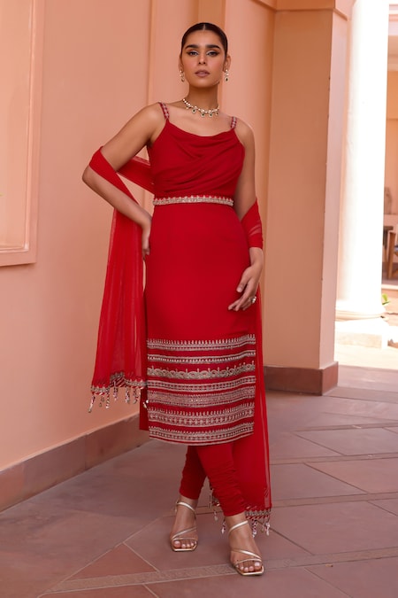 Isha Gupta Tayal Red Kurta Georgette Kasturi Border Straight Churidar Set 