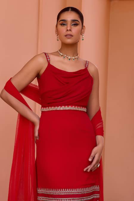 ISHA GUPTA TAYAL_Red Georgette, Lycra, Net Kasturi Border Embroidered Straight Kurta Churidar Set _Online_at_Aza_Fashions