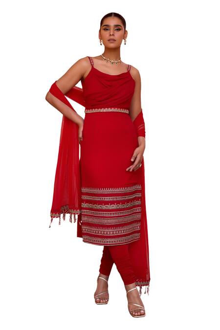 Shop_ISHA GUPTA TAYAL_Red Georgette, Lycra, Net Kasturi Border Embroidered Straight Kurta Churidar Set _Online_at_Aza_Fashions