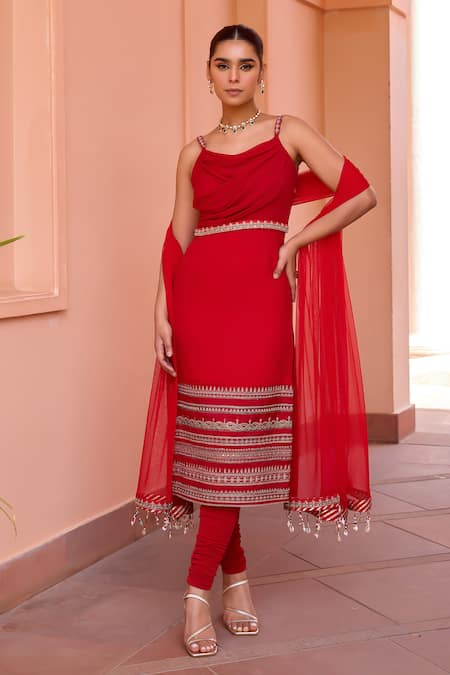 ISHA GUPTA TAYAL_Red Georgette, Lycra, Net Kasturi Border Embroidered Straight Kurta Churidar Set _at_Aza_Fashions