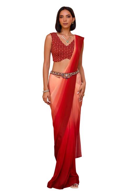 Buy_ISHA GUPTA TAYAL_Red Crepe, Georgette, Silk, Firoza Ombre Pre-stitched Saree With Printed Blouse_Online_at_Aza_Fashions