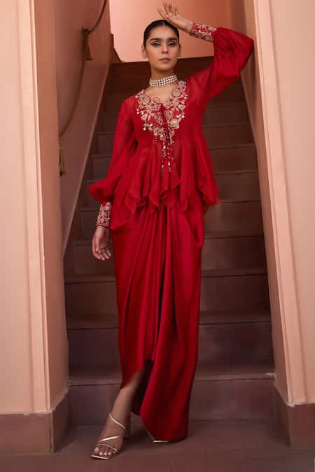 ISHA GUPTA TAYAL_Red Organza Gota Patti, Mirrors, Sequins Samsara Embroidered Top With Bustier _Online_at_Aza_Fashions