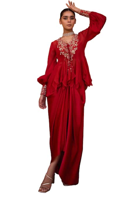 Buy_ISHA GUPTA TAYAL_Red Organza Gota Patti, Mirrors, Sequins Samsara Embroidered Top With Bustier _Online_at_Aza_Fashions