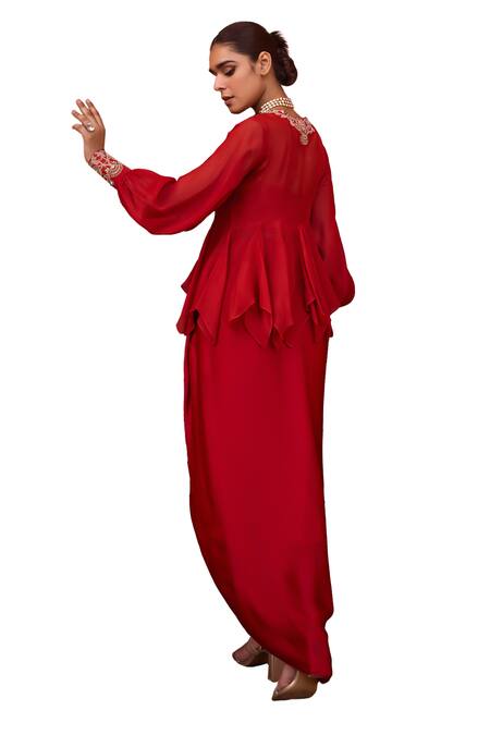 ISHA GUPTA TAYAL_Red Organza Gota Patti, Mirrors, Sequins Samsara Embroidered Top With Bustier _at_Aza_Fashions