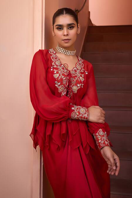Buy_ISHA GUPTA TAYAL_Red Organza Gota Patti, Mirrors, Sequins Samsara Embroidered Top With Bustier 