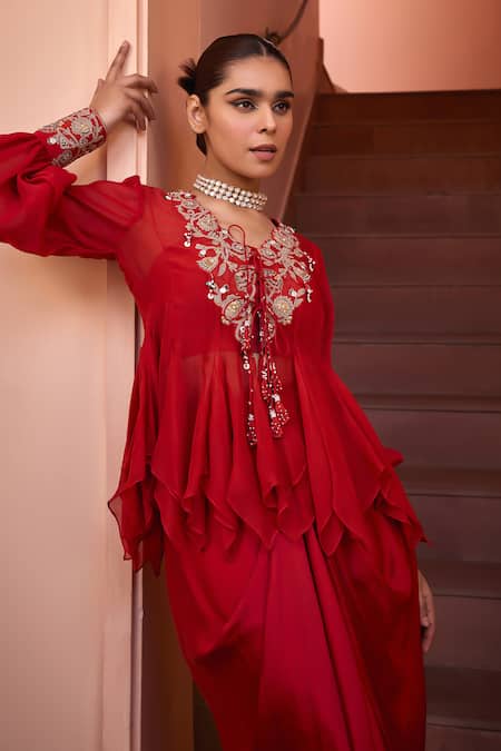 Shop_ISHA GUPTA TAYAL_Red Organza Gota Patti, Mirrors, Sequins Samsara Embroidered Top With Bustier 