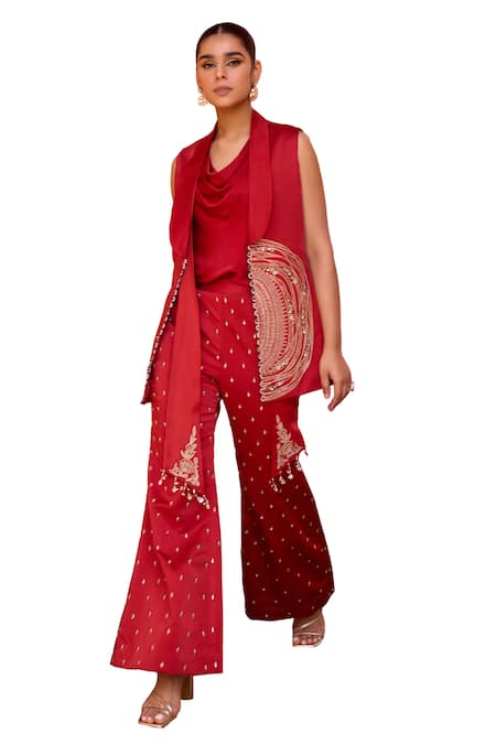 ISHA GUPTA TAYAL_Red Satin, Crepe Gota Patti, Beads, Aafreen Embroidered Jacket Flared Pant Set _Online_at_Aza_Fashions