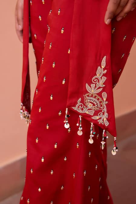 Buy_ISHA GUPTA TAYAL_Red Satin, Crepe Gota Patti, Beads, Aafreen Embroidered Jacket Flared Pant Set _Online_at_Aza_Fashions