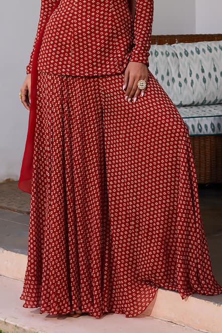 Shop_ISHA GUPTA TAYAL_Red Georgette, Organza, Satin Sequins, Sara Bandhani Pattern Kurta Sharara Set _Online_at_Aza_Fashions