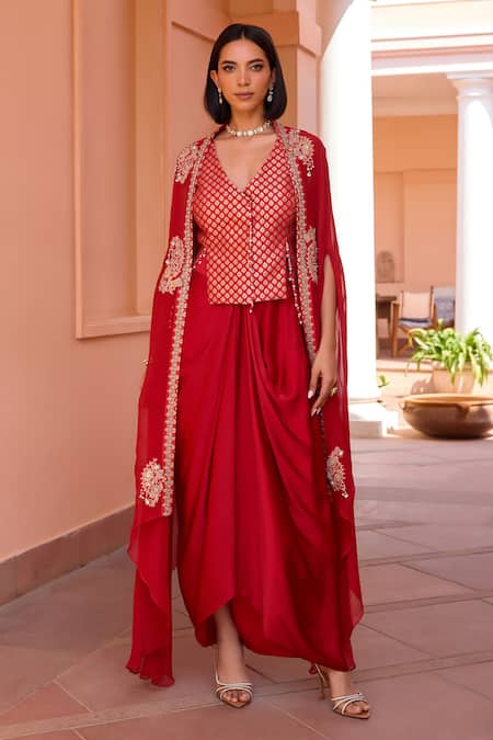 Shop_ISHA GUPTA TAYAL_Red Satin, Chanderi Beads V-neck Ratan Embroidered Cape Draped Skirt Set _Online_at_Aza_Fashions